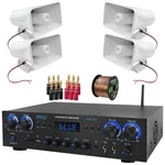 Pyle PDA77BU Compact Audio Receiver, 4X 8'' 65W Horn Speakers, Banana Plugs. Fixed Price $283.49.
